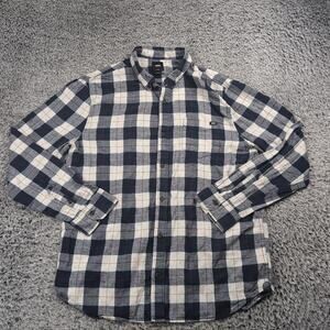 VANS Shirt Men Large White Blue Flannel Check Button Long Sleeve Skater Casual